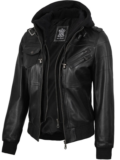 Aria Hooded Bomber Leather Jacket