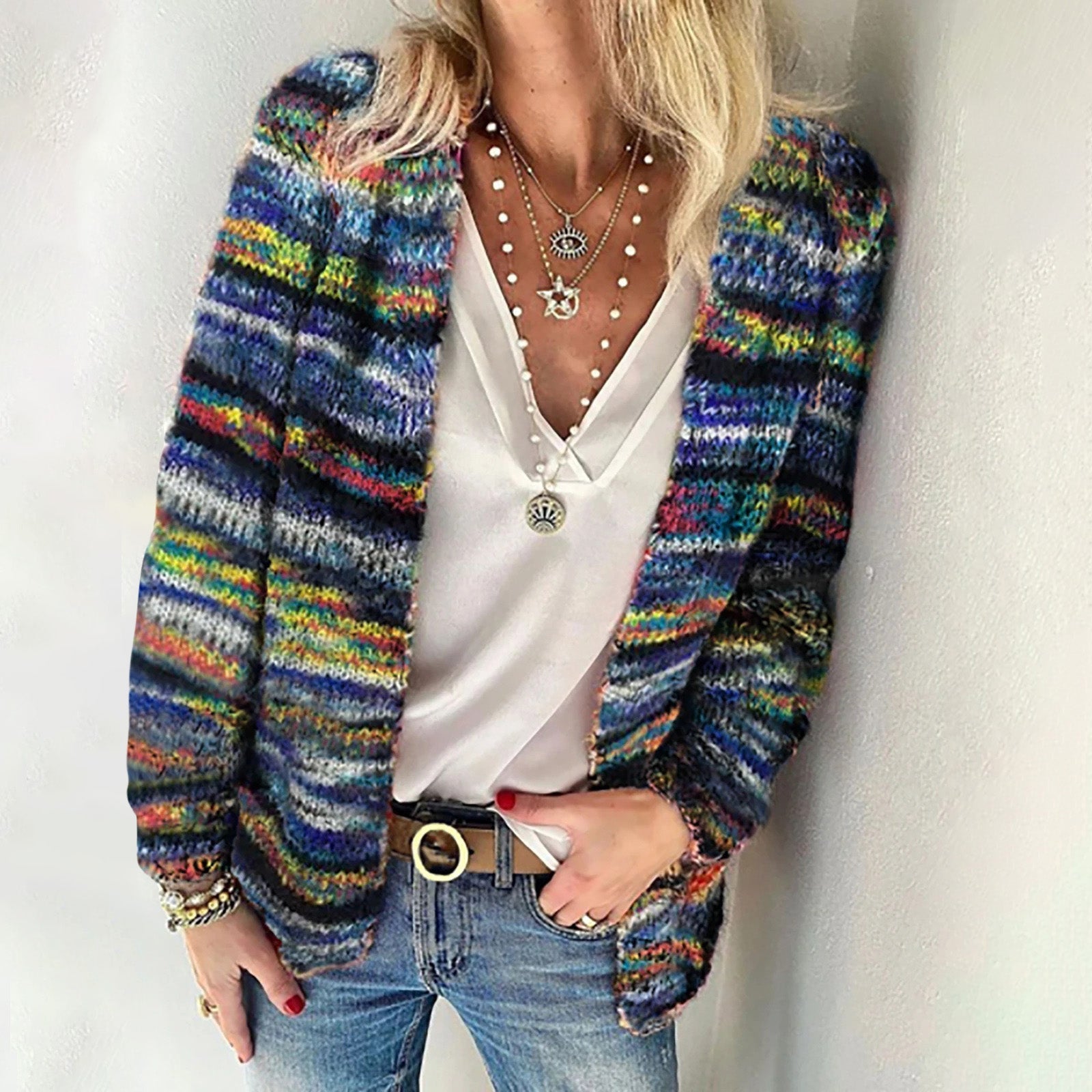 Striped Textured Knit Women’s Cardigan