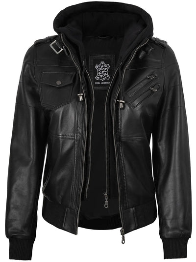 Aria Hooded Bomber Leather Jacket