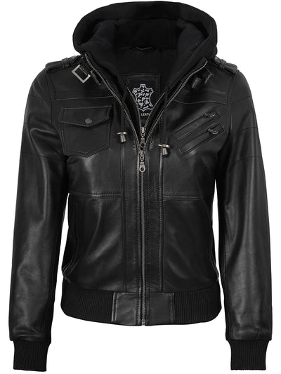 Aria Hooded Bomber Leather Jacket